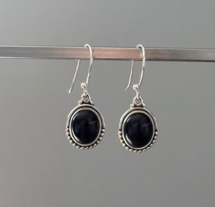 Black Onyx Oval Dot Silver Earrings