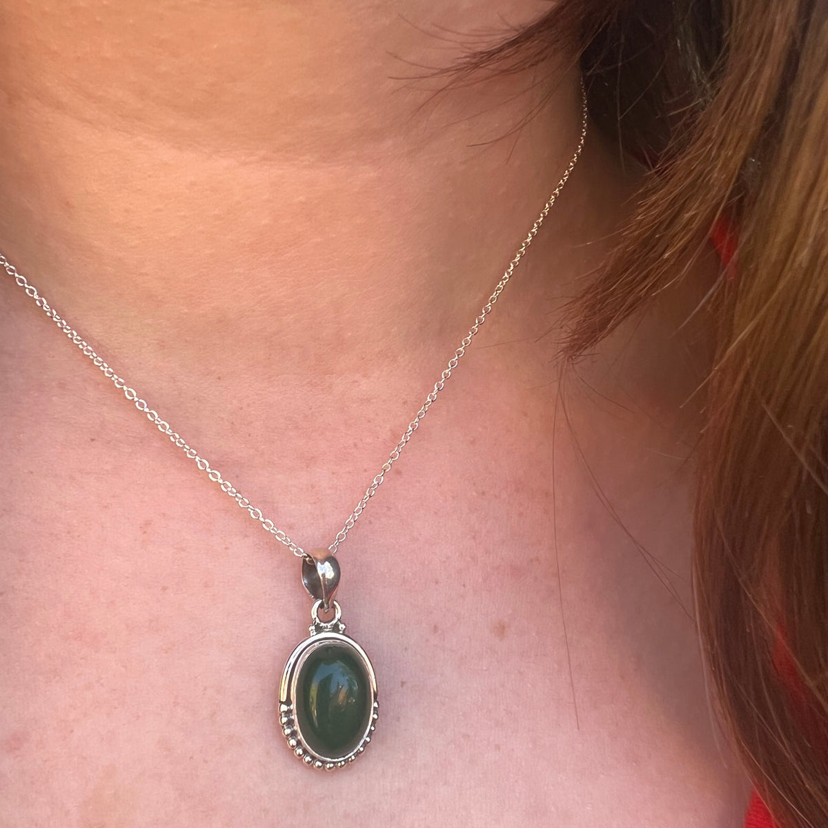 Green Onyx Oval Dot Silver Necklace