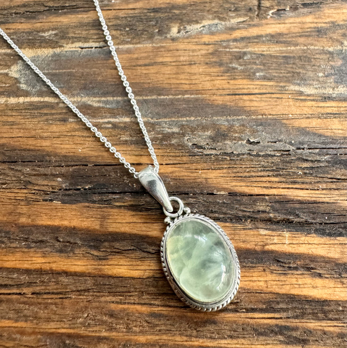 Prehnite Oval Bohemian Sterling Silver Necklace