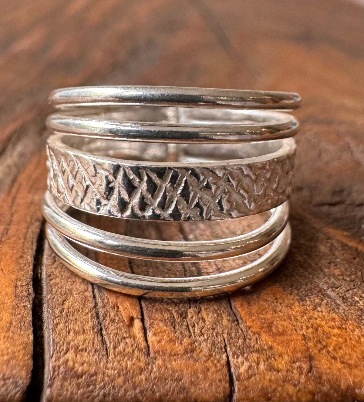 Sterling Silver Adjustable Wide Band Ring-Texture Boho Jewellery