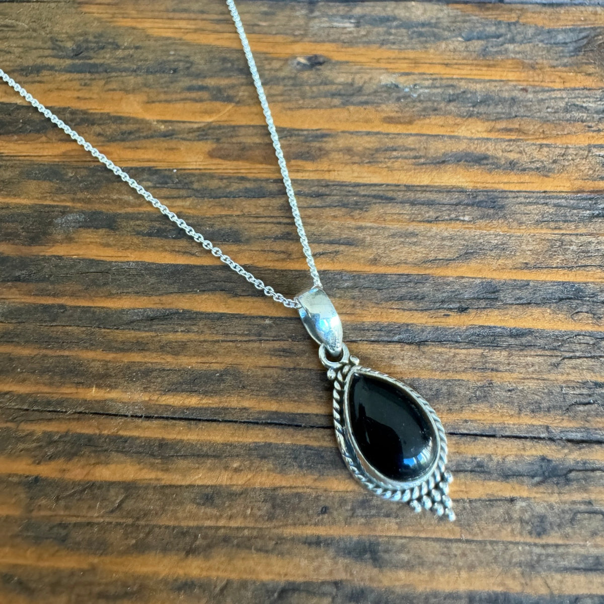 Dainty Boho Black Onyx Teardrop Pendant Necklace