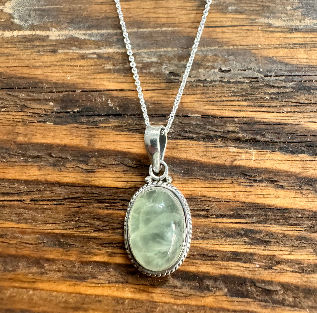 Prehnite Oval Bohemian Sterling Silver Necklace
