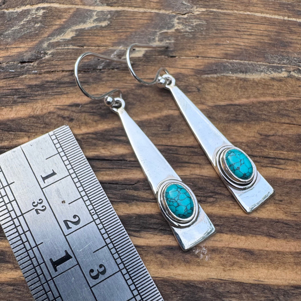 Long Triangle Silver Turquoise Gemstone Earrings