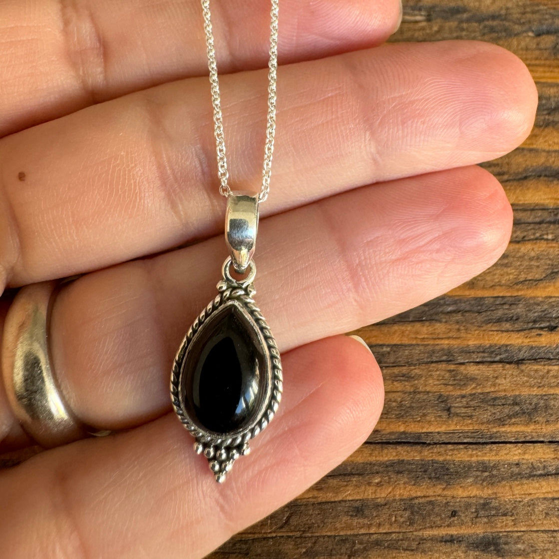 Dainty Boho Black Onyx Teardrop Pendant Necklace