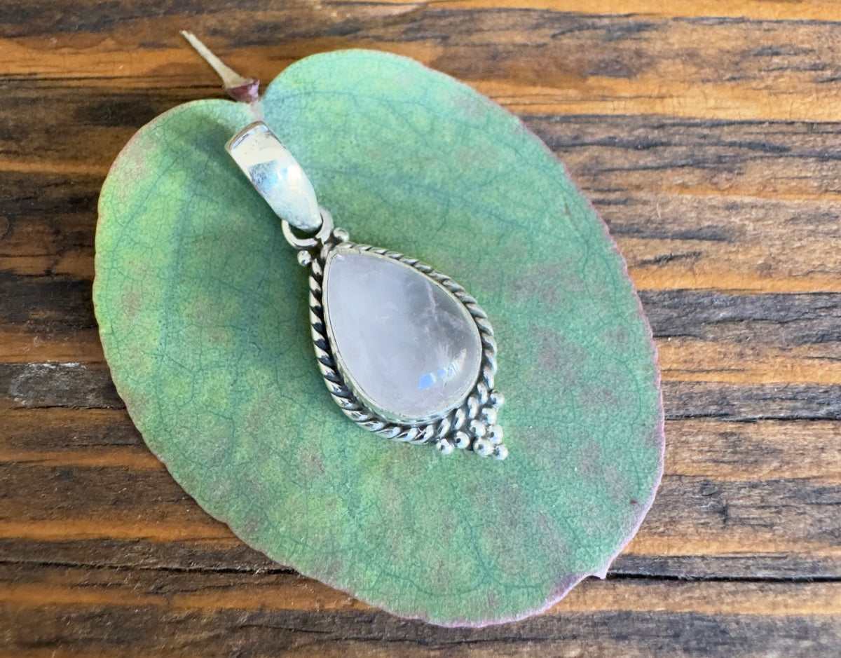 Dainty Boho Rose Quartz Teardrop Silver Pendant Necklace