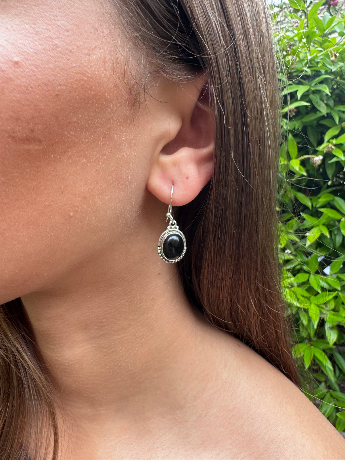 Black Onyx Oval Dot Silver Earrings
