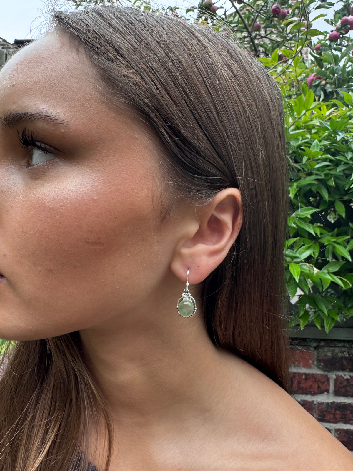 Prehnite Oval Dot Silver Earrings