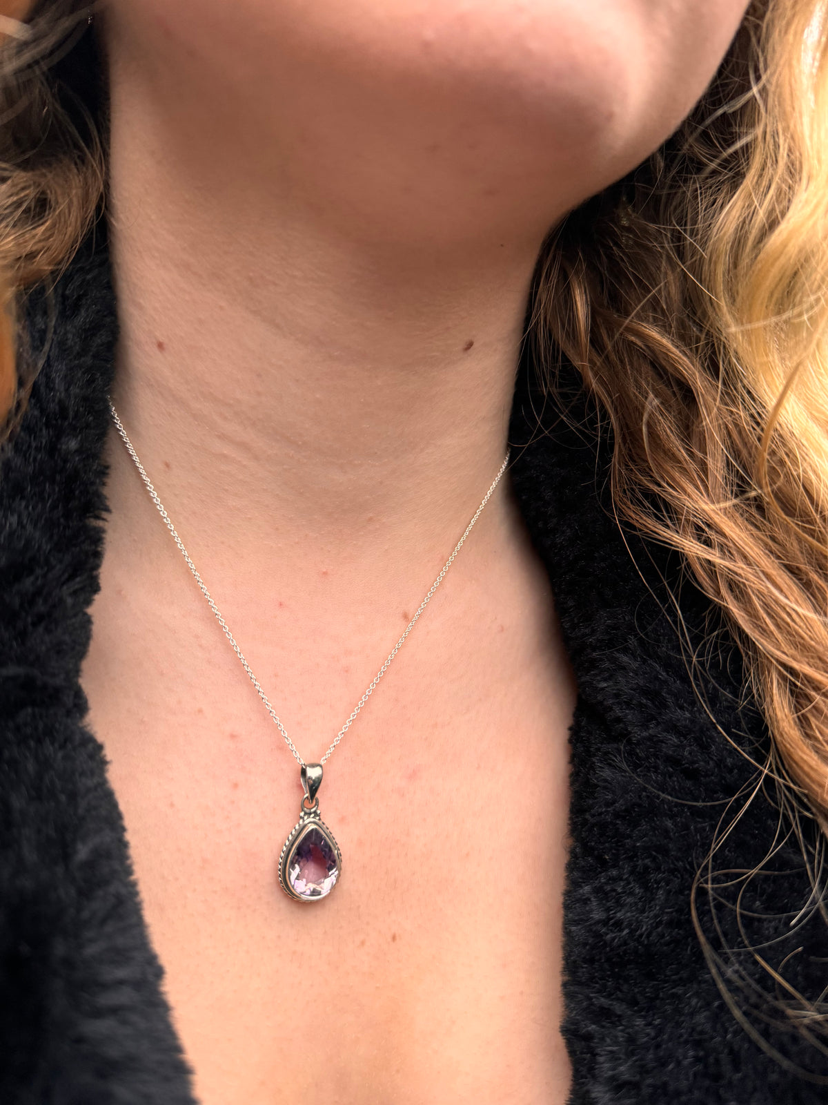 Faceted Amethyst Teardrop Silver Necklace Pendant