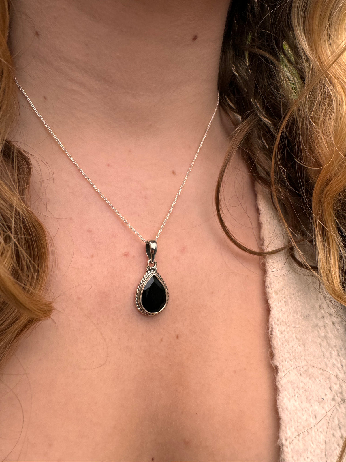 Faceted Black Onyx Teardrop Silver Pendant Necklace