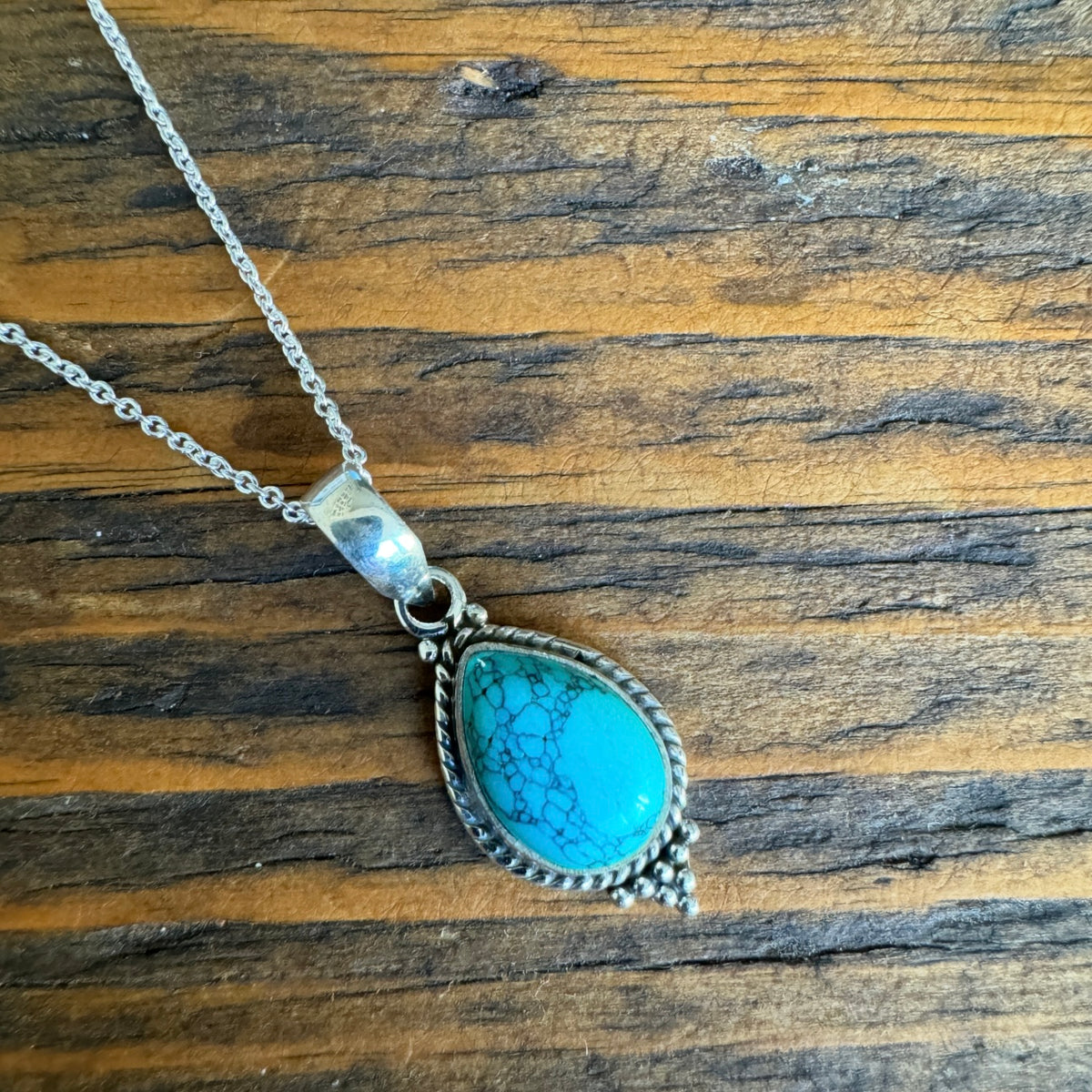 Dainty Boho Turquoise Teardrop Silver Pendant  Necklace