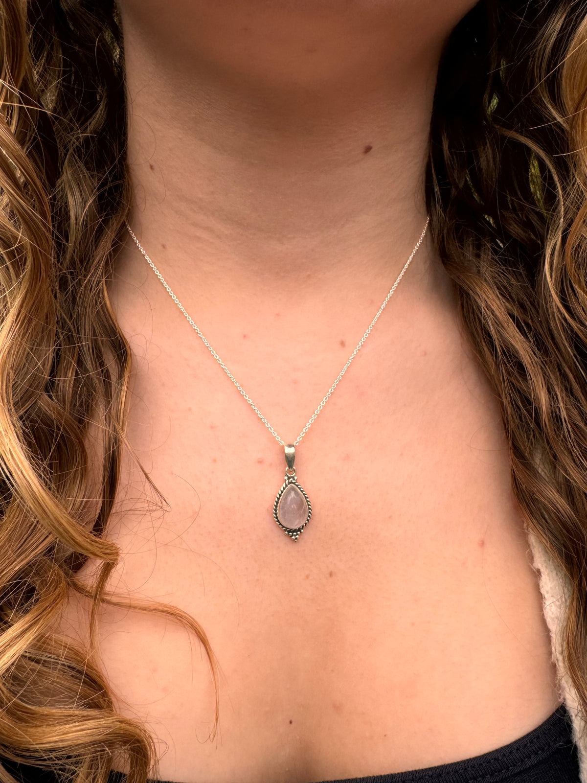 Dainty Boho Rose Quartz Teardrop Silver Pendant Necklace