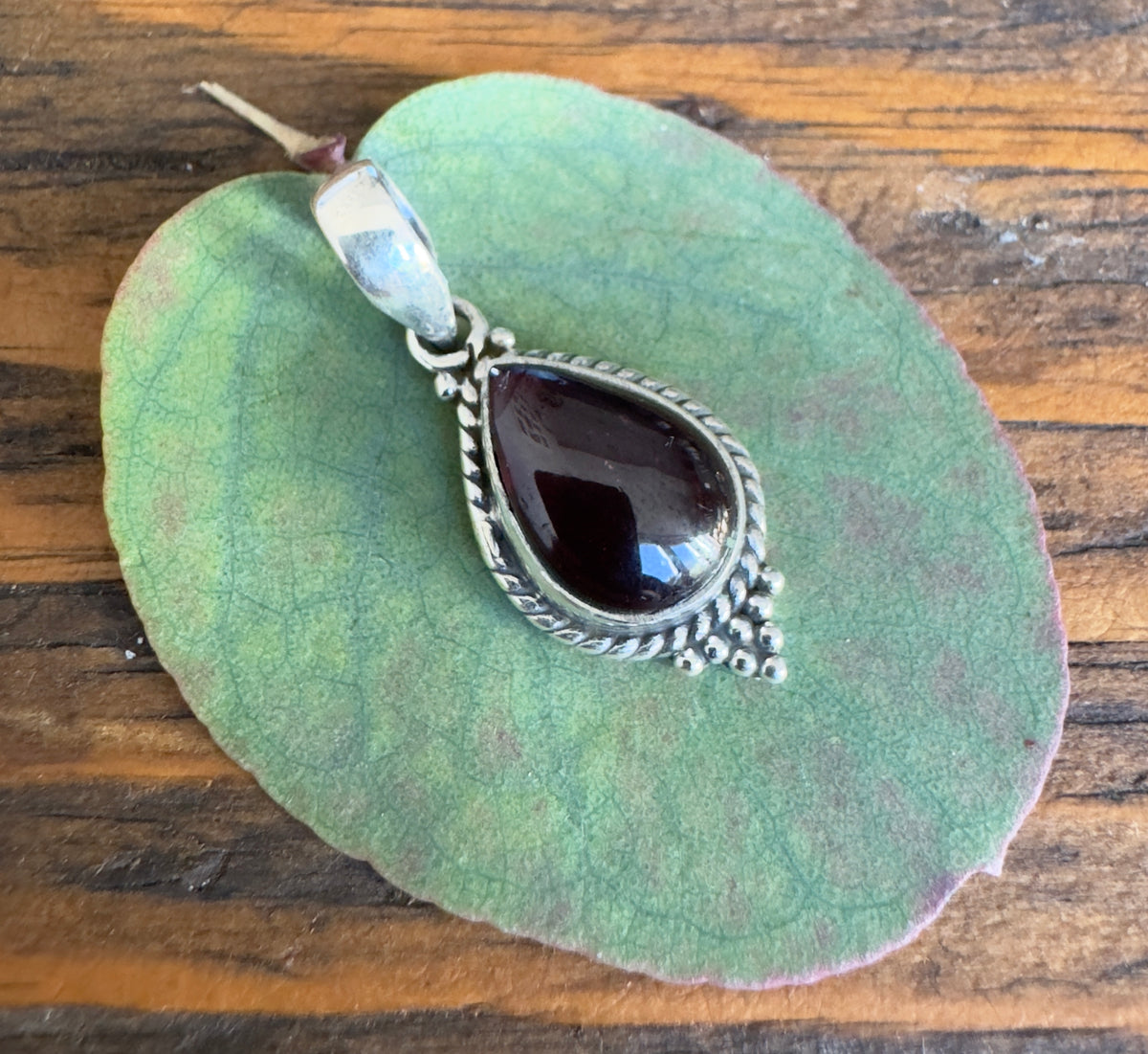 Dainty Boho Garnet Teardrop Silver Pendant Necklace