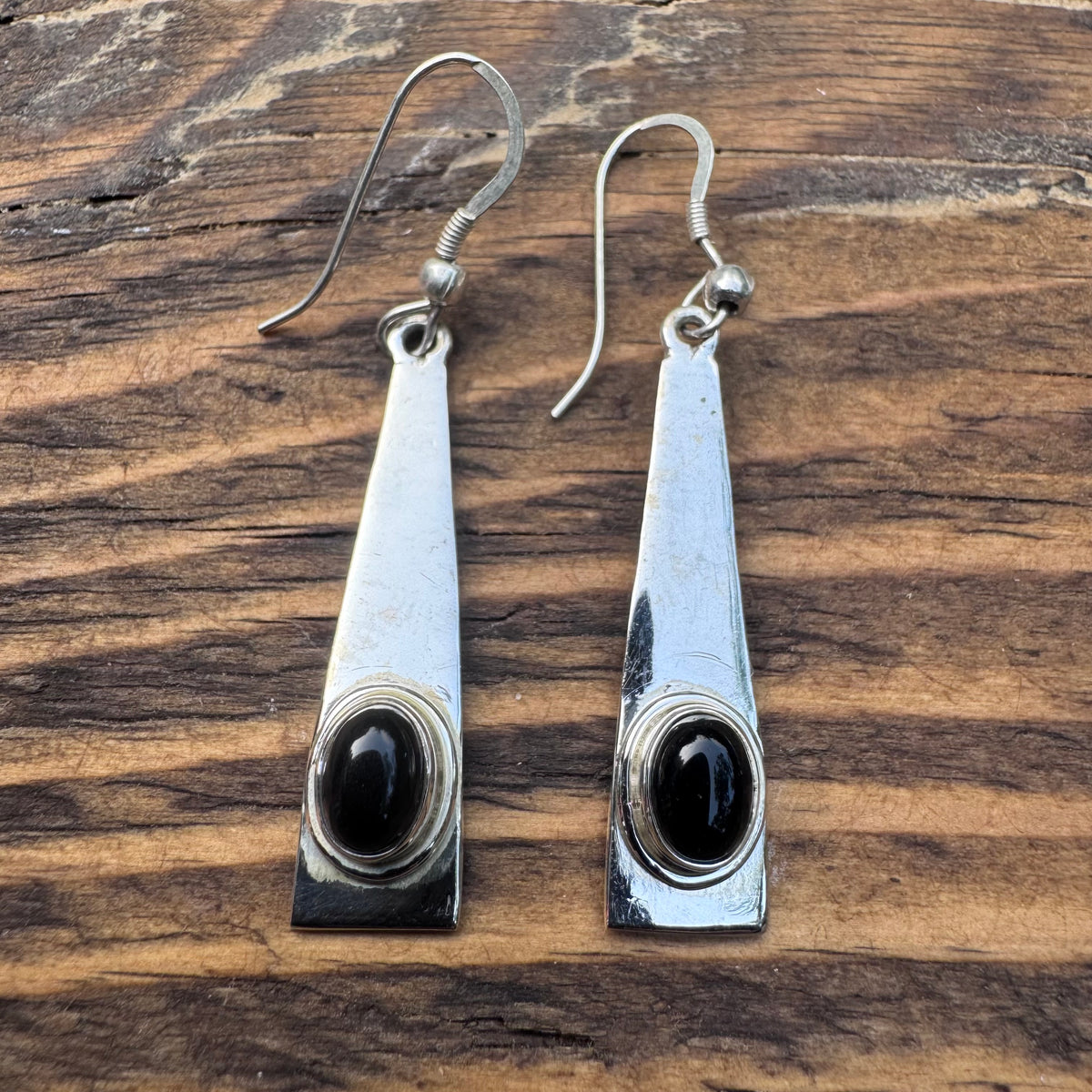 Long Triangle Black Onyx Earrings