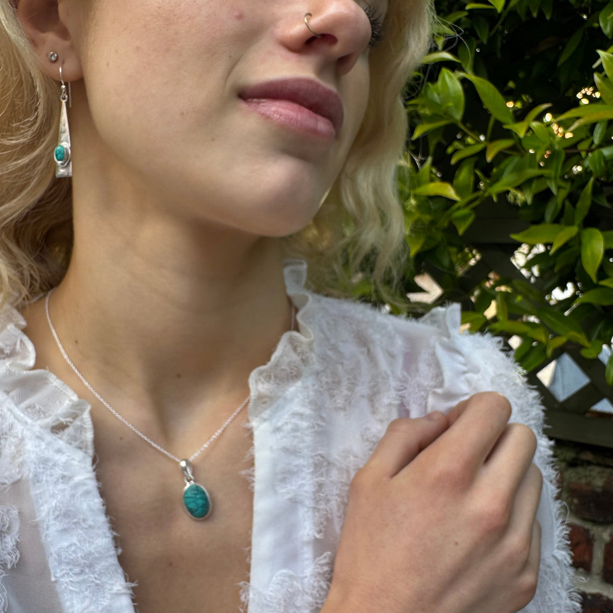 Long Triangle Silver Turquoise Gemstone Earrings