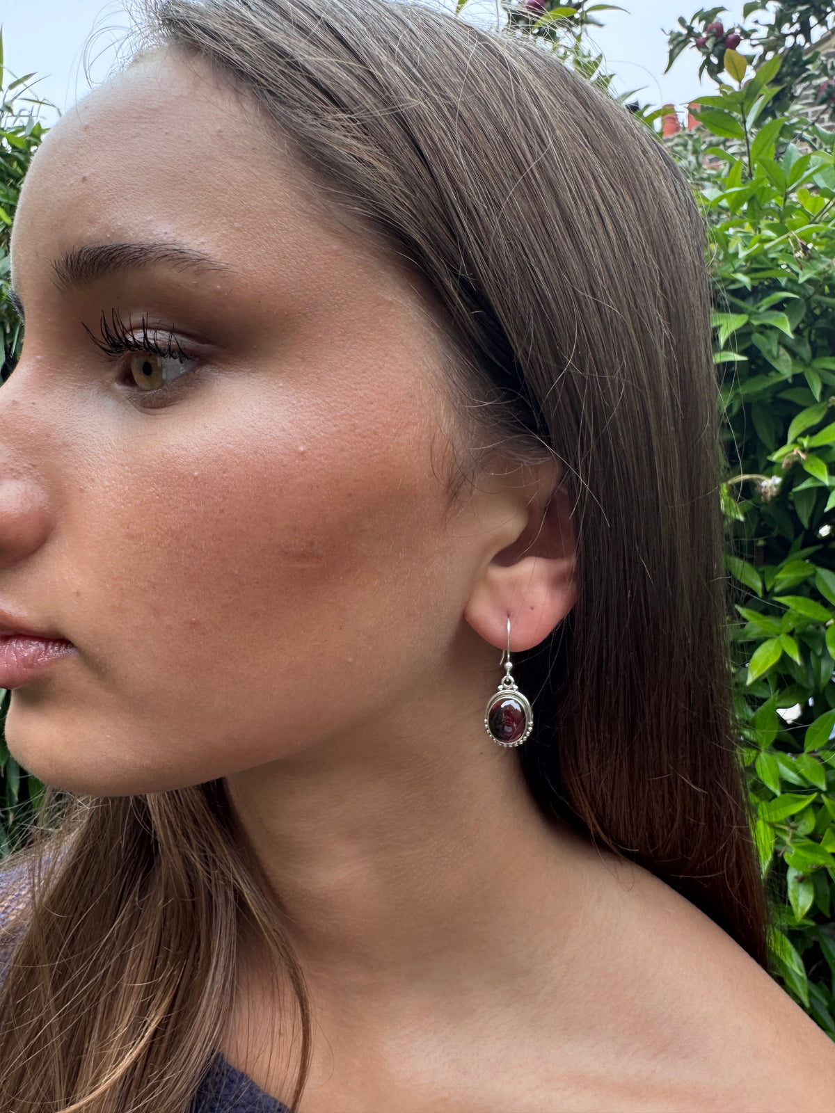 Garnet Oval Dot Silver Earrings