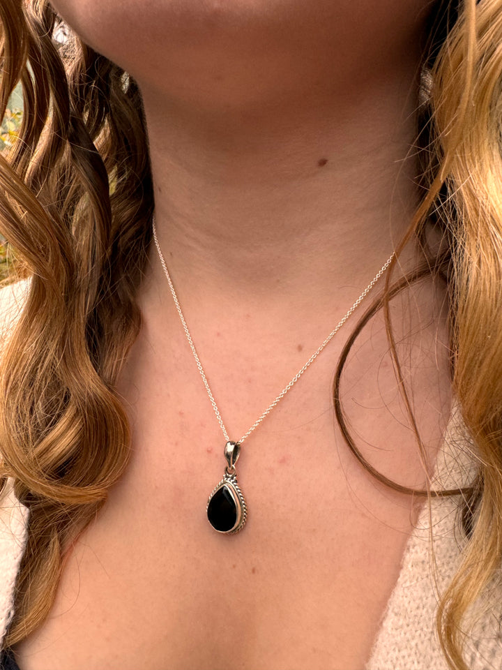 Faceted Black Onyx Teardrop Silver Pendant Necklace