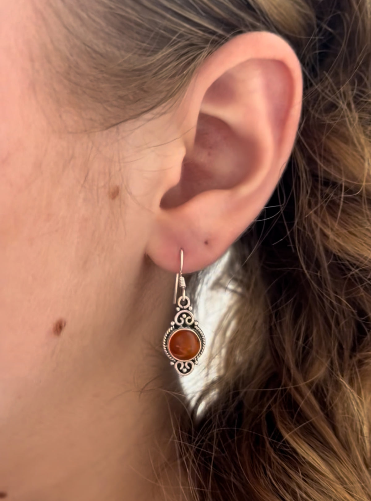 Carnelian Vintage Scroll Silver Drop Earrings
