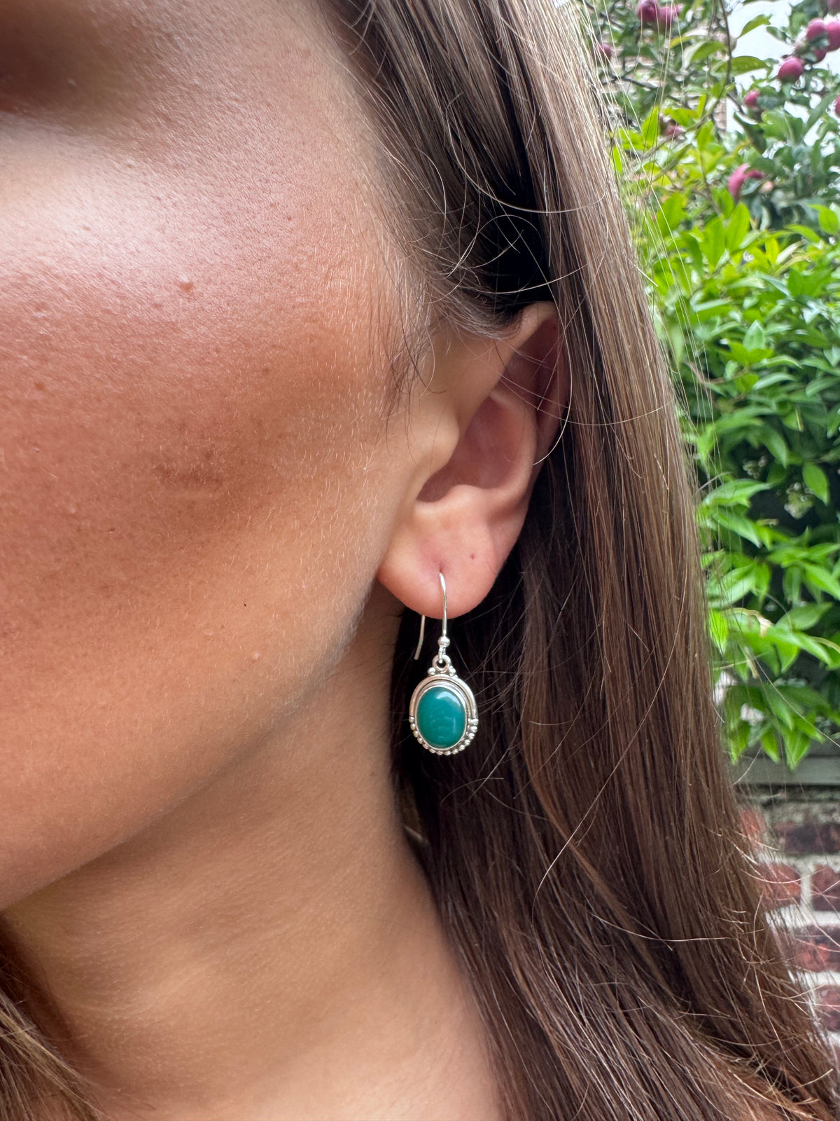 Green Onyx Earrings Oval Dot Silver Earrings