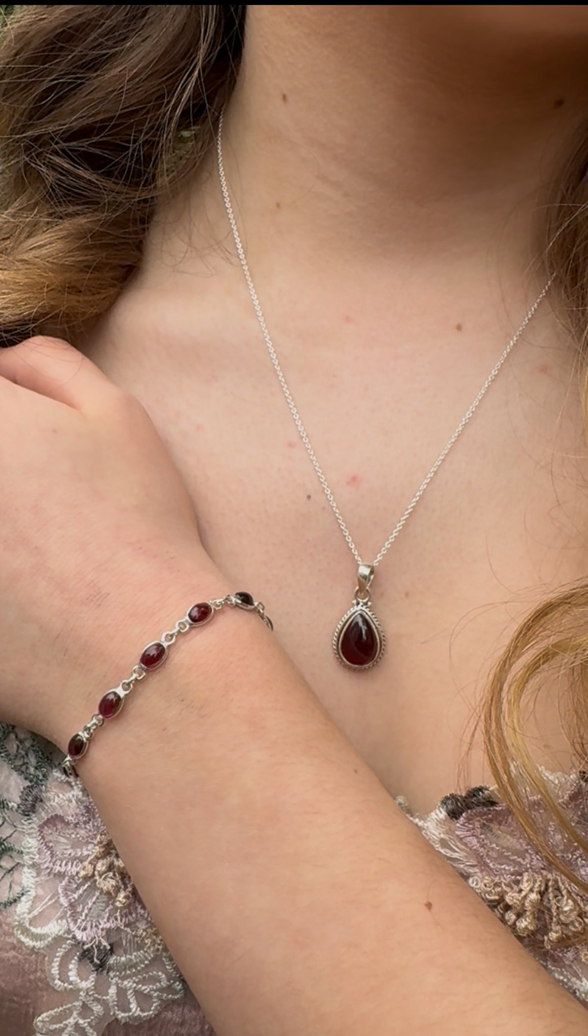 Dainty Garnet Sterling Silver Bracelet