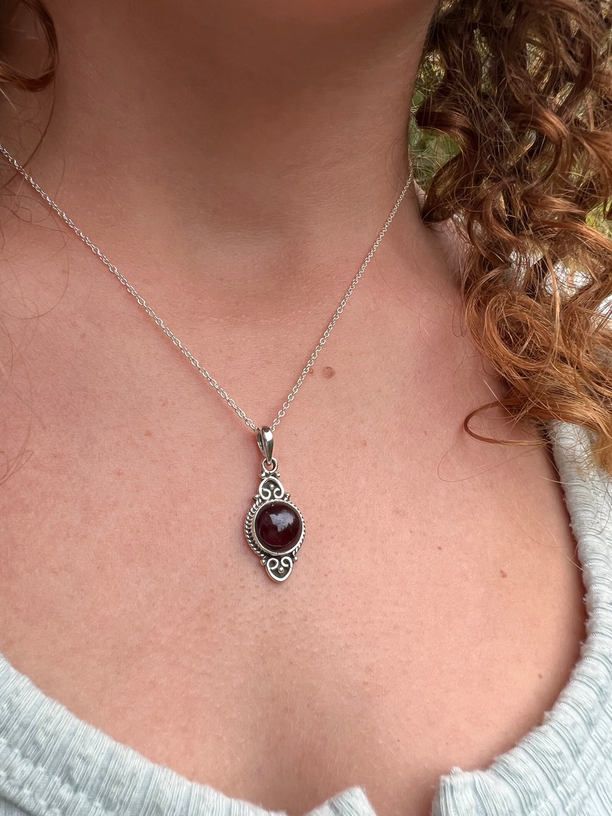 Garnet Vintage Scroll Pendant Necklace