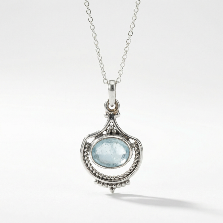 Aquamarine Vintage Inspired Boho Silver Necklace