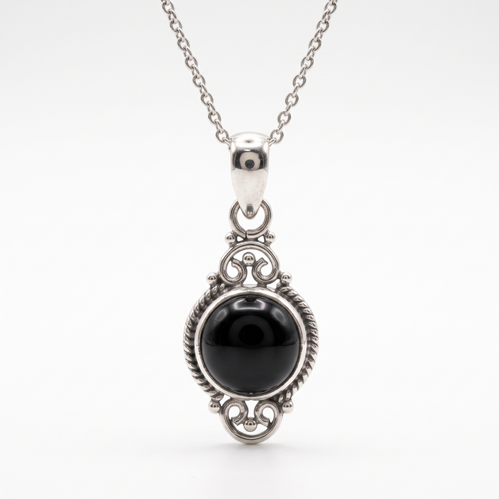 Black Onyx Vintage Scroll Pendant Necklace