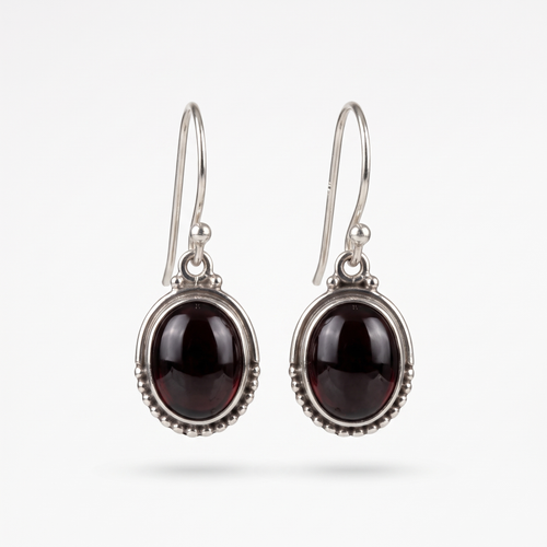 Garnet Oval Dot Silver Earrings