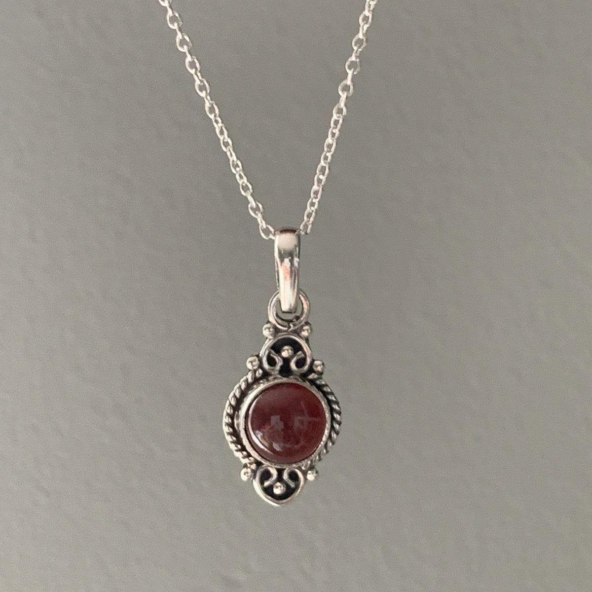 Garnet Vintage Scroll Pendant Necklace