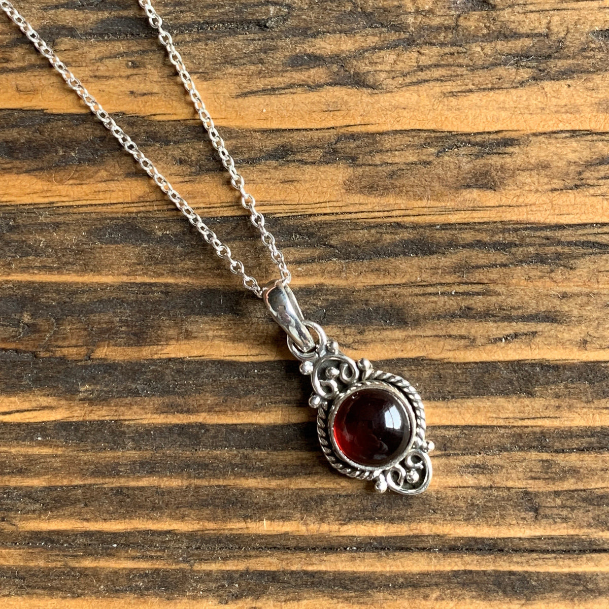 Garnet Vintage Scroll Pendant Necklace