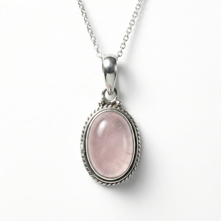 Rose Quartz Oval Bohemian Silver Necklace