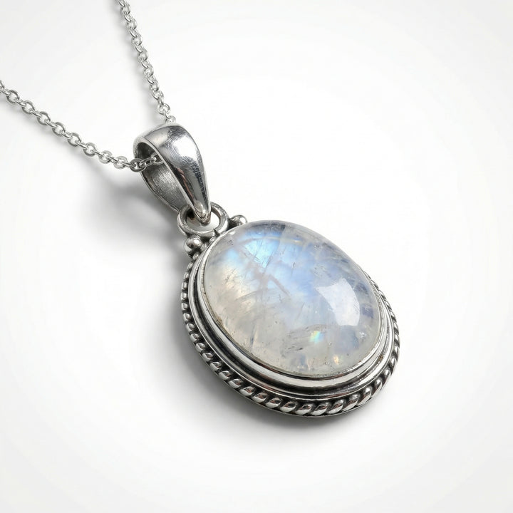 Moonstone Oval Bohemian Sterling Silver Necklace