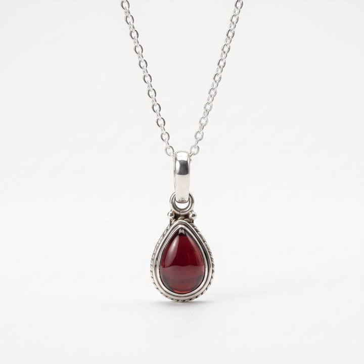 Garnet Teardrop Silver Pendant Necklace