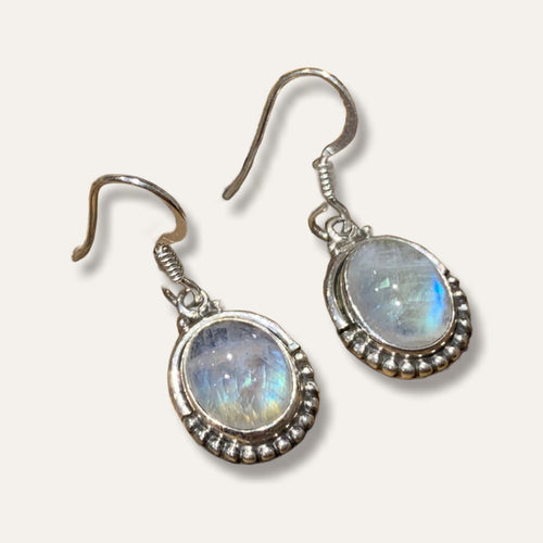 Rainbow Moonstone Oval Dot Silver Earrings