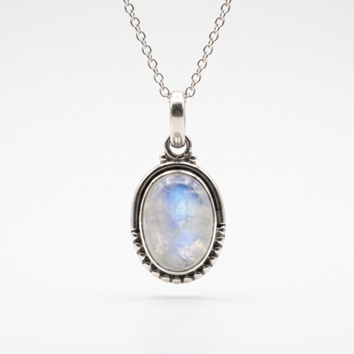 Rainbow Moonstone Oval Dot Silver Necklace