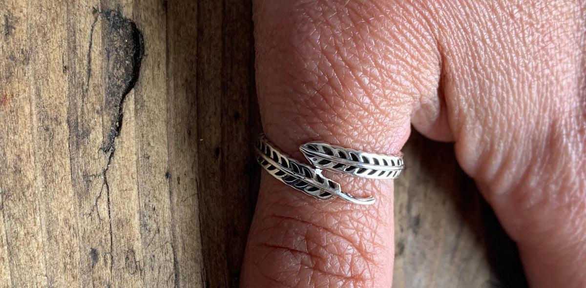 Boho Sterling Silver Feather Ring- Adjustable