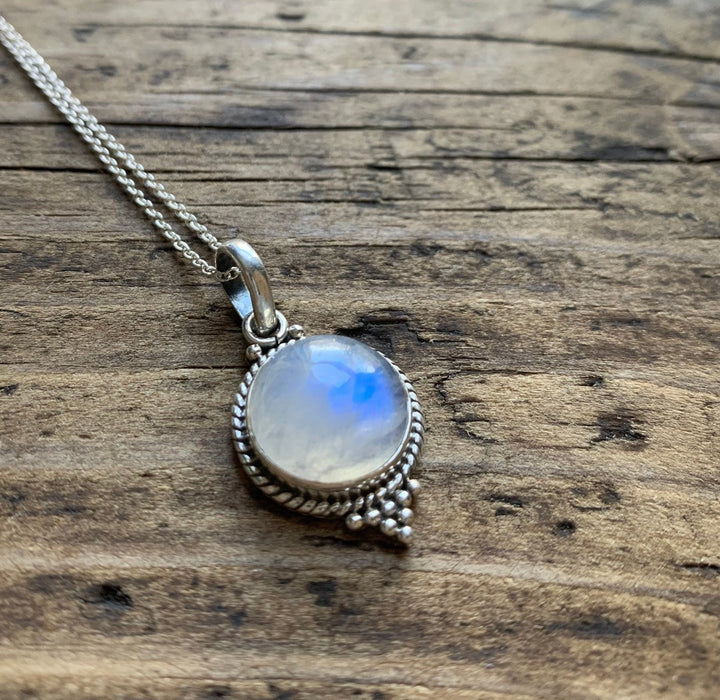 Boho Rainbow Moonstone Round Pendant Necklace