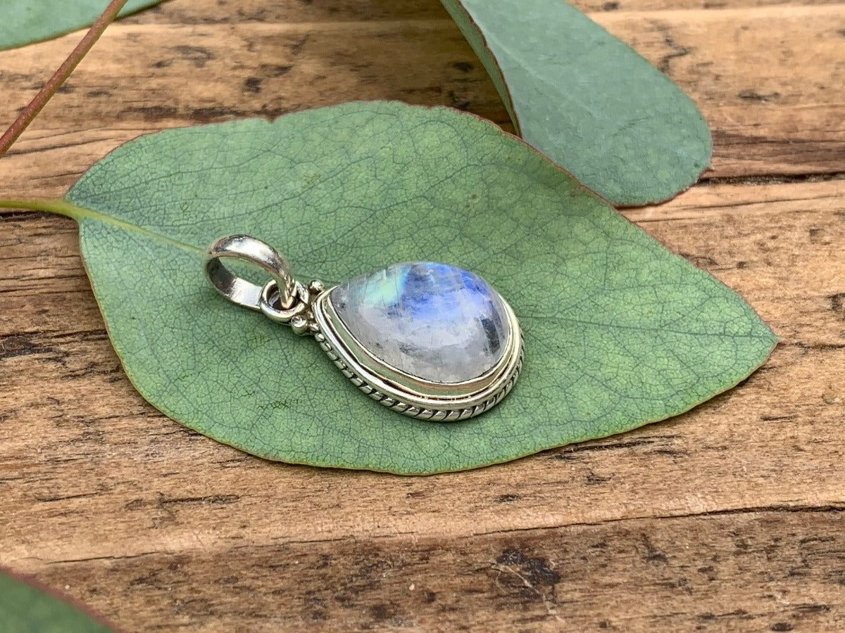 Sterling Silver Teardrop Rainbow Moonstone Necklace by Springwaves