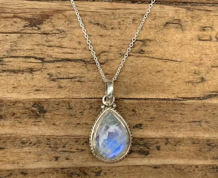 Sterling Silver Teardrop Rainbow Moonstone Necklace