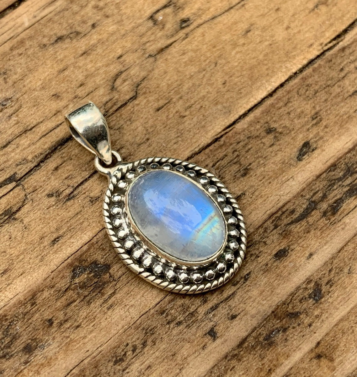 Sterling Silver Boho Oval Rainbow Moonstone Necklace by Springwaves