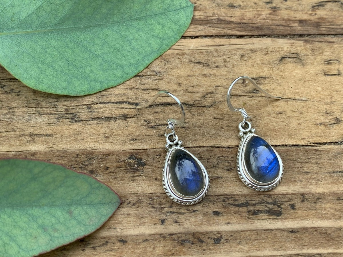 Silver Labradorite/Black Moonstone Teardrop Earrings by Springwaves