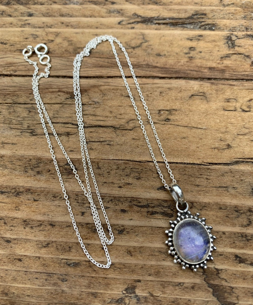Sterling Silver Oval Starburst Rainbow Moonstone Necklace by Springwaves