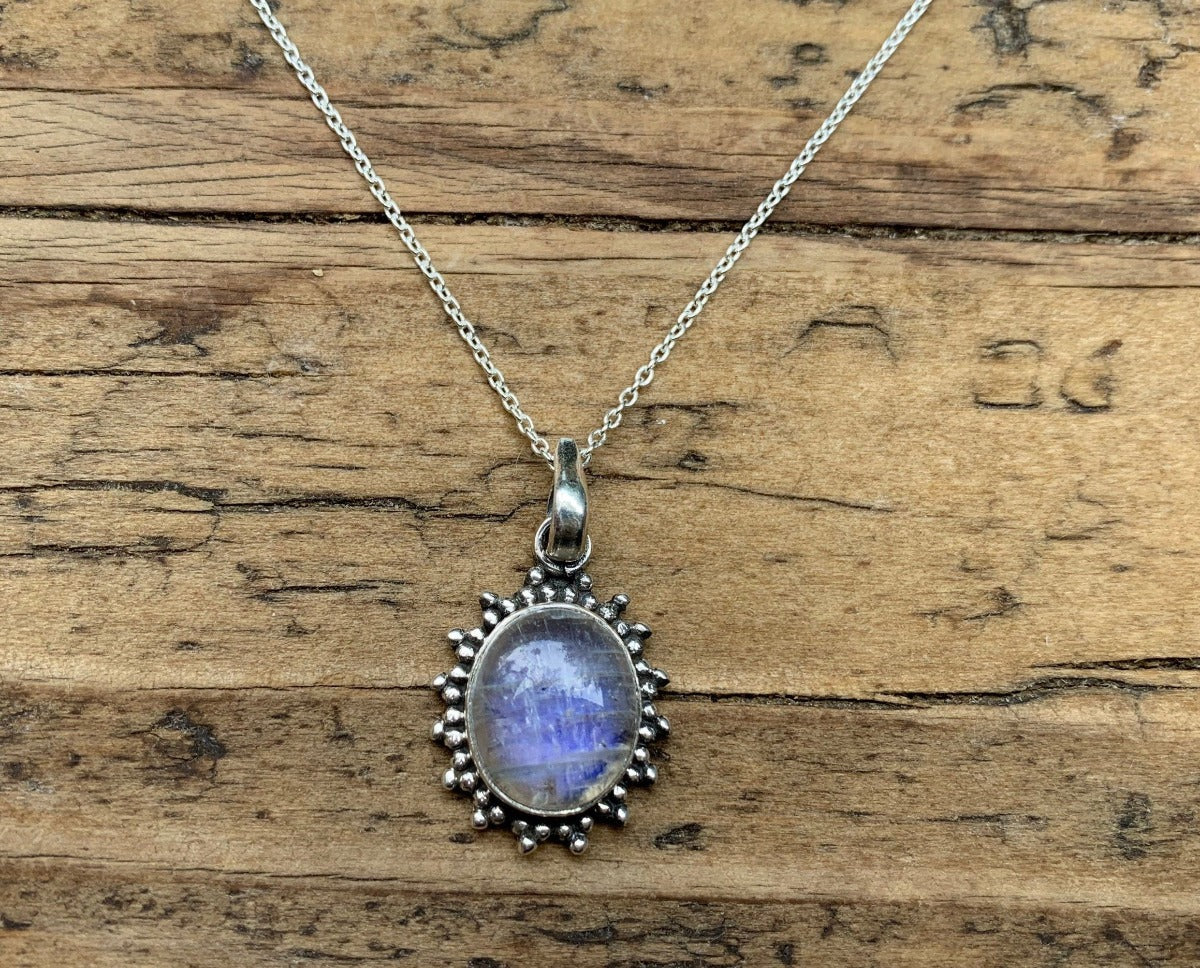 Sterling Silver Oval Starburst Rainbow Moonstone Necklace by Springwaves