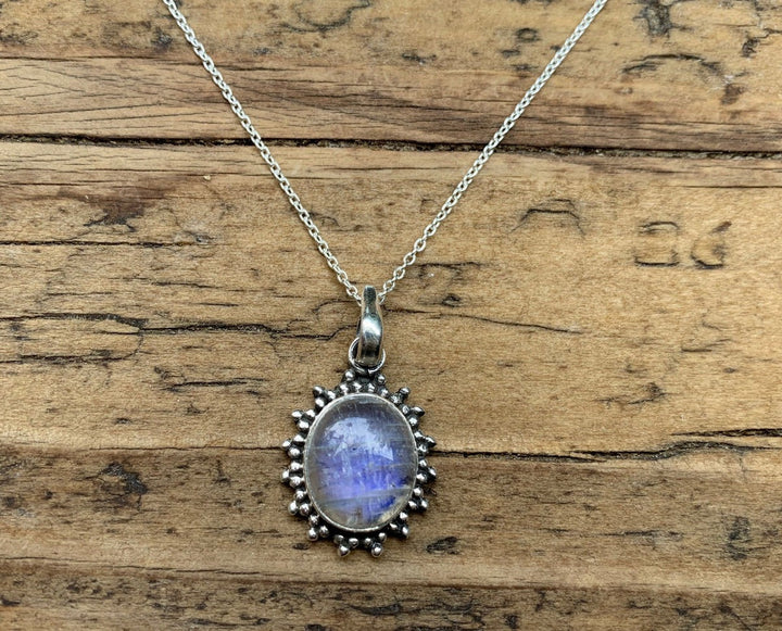 Rainbow Moonstone Sunburst Oval Necklace