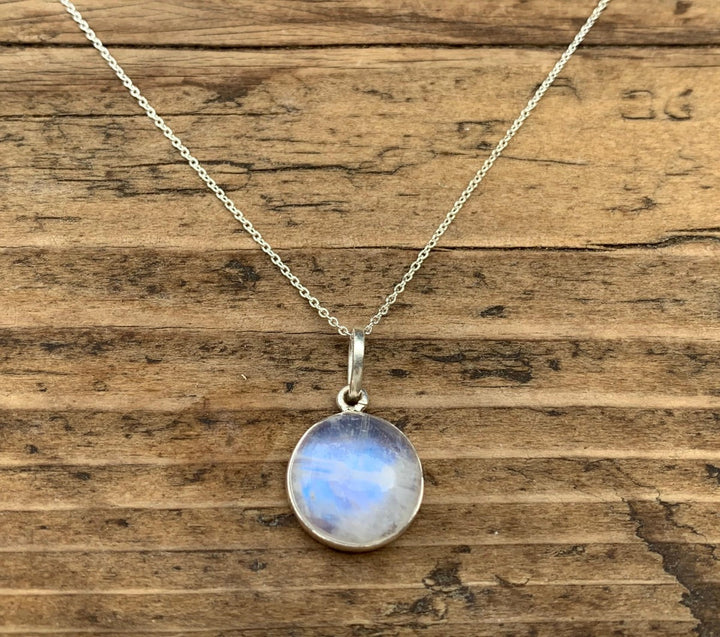 Dainty Rainbow Moonstone Circle Necklace in Sterling Silver