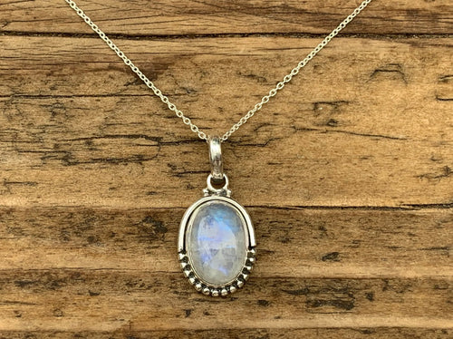 Rainbow Moonstone Oval Dot Silver Necklace