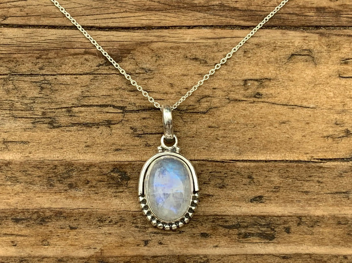 Rainbow Moonstone Oval Dot Silver Necklace