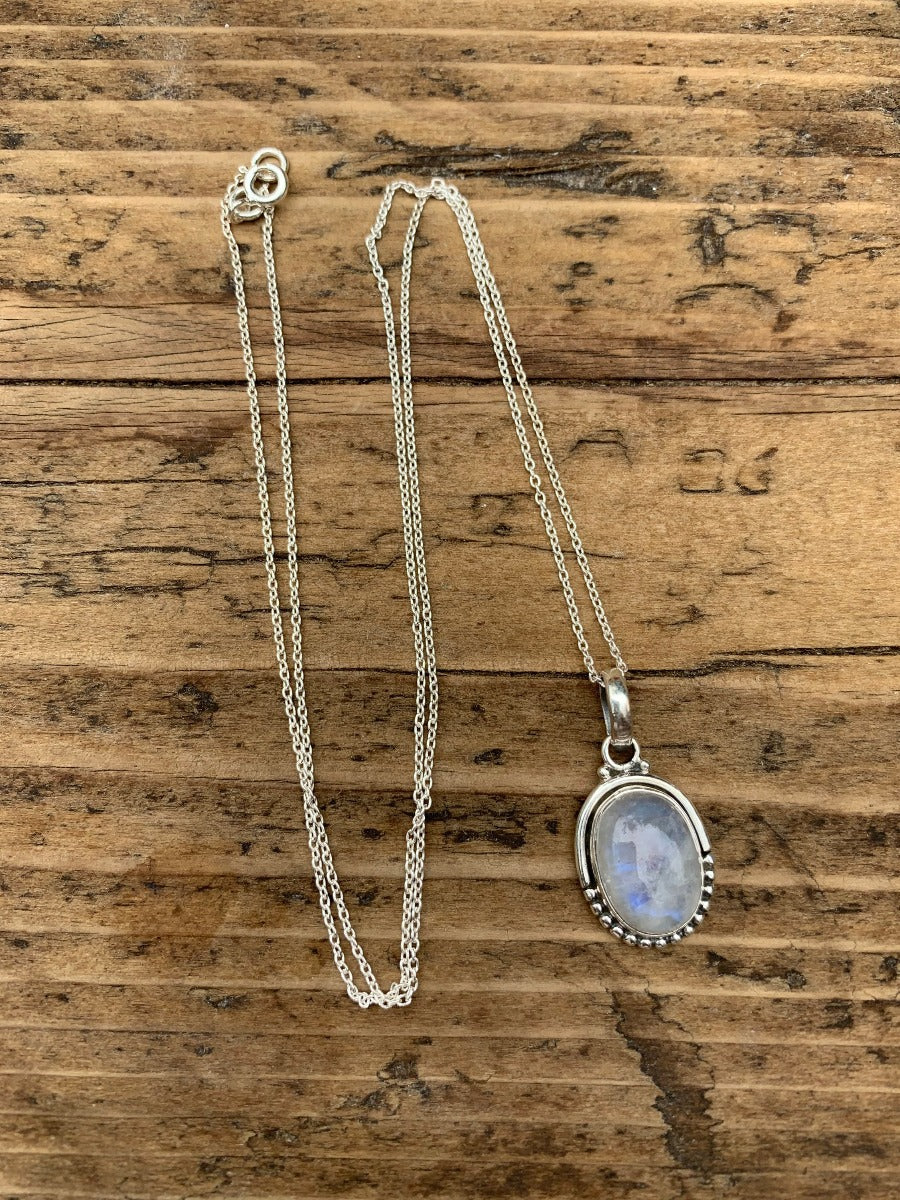 Sterling Silver Oval Rainbow Moonstone Necklace by Springwaves