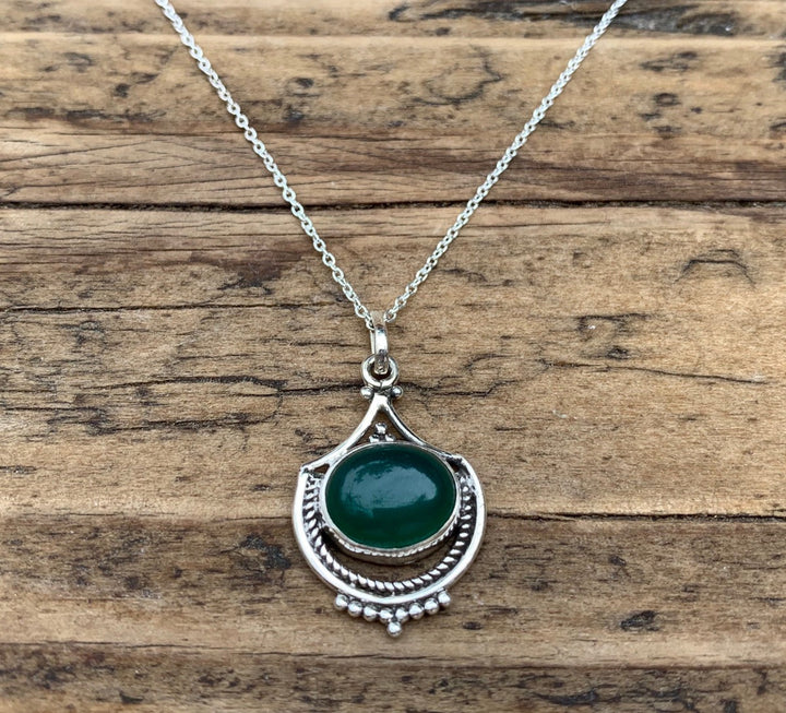 Green Onyx Vintage Inspired Boho Silver Necklace