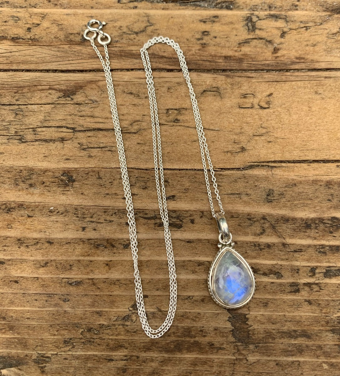 Sterling Silver Teardrop Rainbow Moonstone Necklace by Springwaves