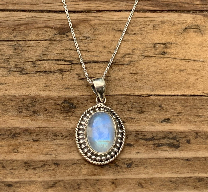 Sterling Silver Boho Oval Rainbow Moonstone Necklace